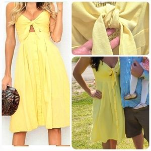 Bright Yellow Tie Front Midi Yellow Dress, Small